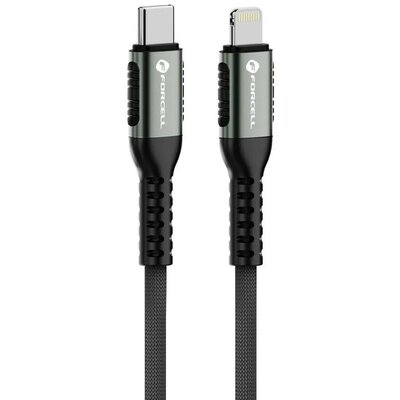 USB Type-C töltő- és adatkábel, Lightning, 120 cm, 3000mA, 27W, törésgátlóval, gyorstöltés, PD, cipőfűző minta, Forcell F-Energy C259, fekete