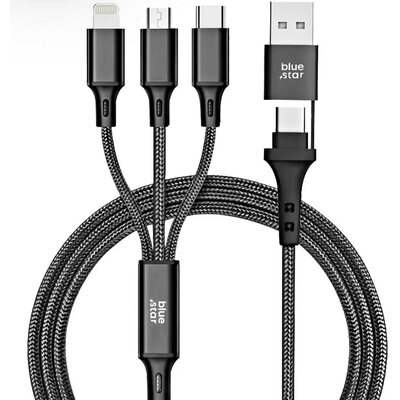 USB Type-C / USB töltő- és adatkábel 4in1, USB Type-C, Lightning, microUSB, 120 cm, 2400 mA, 12W, törésgátlóval, cipőfűző minta, Blue Star C172, fekete