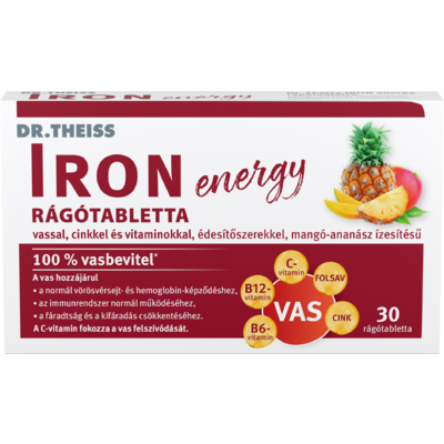 Dr.Theiss iron energy rágótabletta vassal, cinkkel és vitaminokkal mangó-ananász ízben 30 db