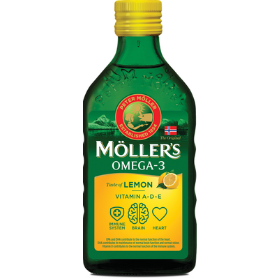 Möllers omega-3 halolaj étrend-kiegészítő a, d és e-vitaminnal, citrom ízesítéssel 250 ml