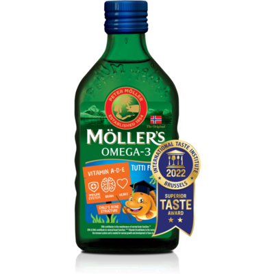 Möllers omega-3 halolaj étrend-kiegészítő a, d és e-vitaminnal, tutti-frutti ízesítéssel 250 ml