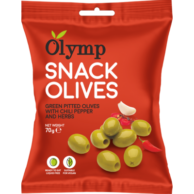 Olymp snack fűszerezett zöld magozott olajbogyó chili paprikával 70 g