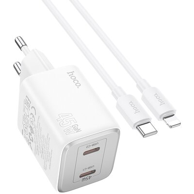 HOCO töltő 2 x Type C + cable Type C to Lightning PD QC 45W GaN N42 white