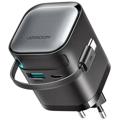 JOYROOM JR-TCL02 JOYROOM hálózati töltő USB+Type-C aljzat (65W, PD gyorstöltő, GaN + fix, csévélhető Type-C kábel) FEKETE