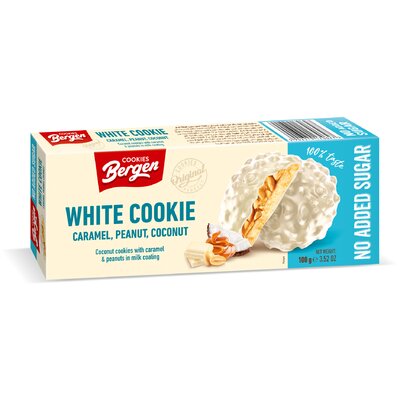 Bergen white cookie fehércsoki bevonatos kókuszos keksz hozzáadott cukor nélkül 100 g