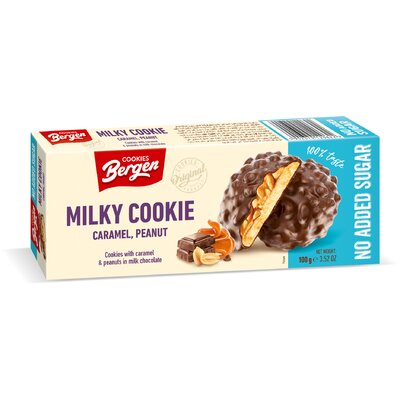 Bergen milky cookie karamellával tejcsokoládéban hozzáadott cukor nélkül 100 g