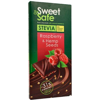 Sweet&safe étcsoki málnával,kenderrel,steviával 90 g