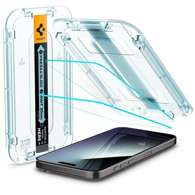 Apple iPhone 15 Pro Max, Kijelzővédő fólia, ütésálló fólia (az íves részre is!), Tempered Glass (edzett üveg), Spigen Ez Fit, Clear, 2 db / csomag