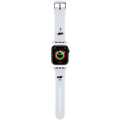 Apple Watch 4-6, SE, SE (2022) (38 / 40 mm) / Watch 7-9 (41 mm), szilikon pótszíj, állítható, napszemüveges lány és cica minta, Karl Lagerfeld 3D Choupette Head, fehér