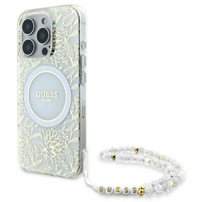 Guess IML Flowers Allover Electro Magsafe iPhone 16 Pro kemény hátlap tok pánttal, fehér