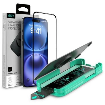 Apple iPhone 16 Pro Max, Kijelzővédő fólia, ütésálló fólia (az íves részre is!), Tempered Glass (edzett üveg), segéd kerettel, ESR Armorite, fekete