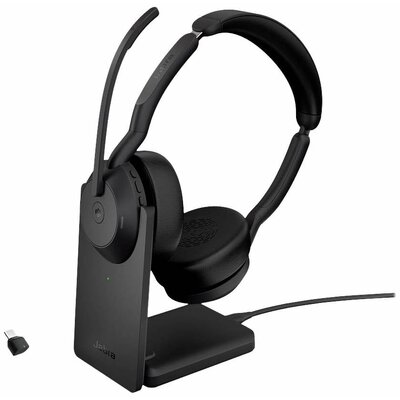 Jabra Evolve 2 55 MS Stereo Számítógép On Ear headset Bluetooth® Stereo Fekete Noise Cancelling, mikrofon zajelnyomás Töltő- dokkoló állomással