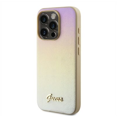 Guess PU Leather Iridescent Metal Script iPhone 15 Pro Max tok, arany