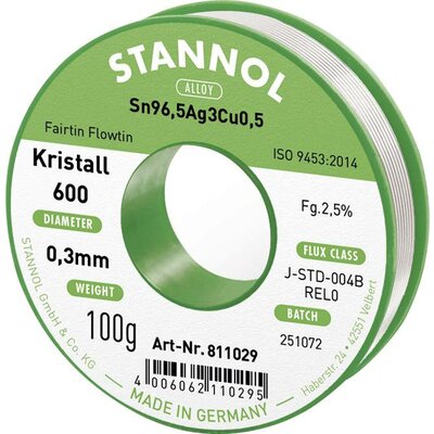 Stannol Kristall 600 Forrasztóón, ólommentes Tekercs Sn96,5Ag3Cu0,5 REL0 100 g 0.3 mm