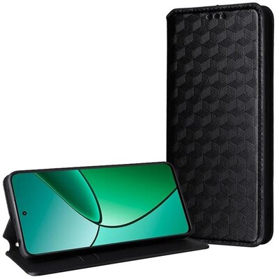 Tok álló, bőr hatású (FLIP, oldalra nyíló, asztali tartó, teljes 3D rombusz, prémium) FEKETE [Motorola Moto G55 5G]