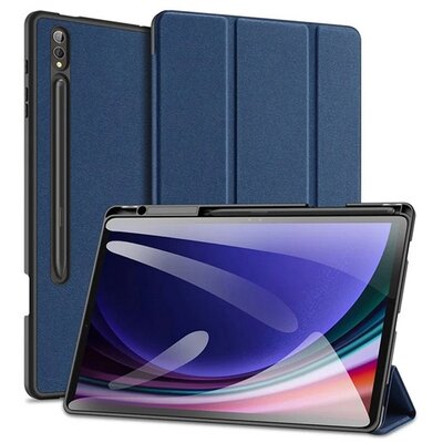 DUX DUCIS DOMO tok álló, bőr hatású (aktív FLIP, oldalra nyíló, TRIFOLD, asztali tartó, ceruza tartó) SÖTÉTKÉK [Samsung Galaxy Tab S10 Plus LTE (SM-X826B) / Galaxy Tab S10 Plus WIFI (SM-X820)]