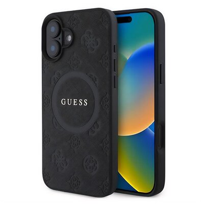 CG MOBILE GUHMP16MPSAPSMEK GUESS SAFFIANO PEONY CLASSIC LOGO szilikon telefonvédő (ütésállóság, bőr hatású hátlap, MagSafe) FEKETE [Apple iPhone 16 Plus 5G]