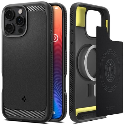 SPIGEN ACS08115 SPIGEN RUGGED ARMOR szilikon telefonvédő (ütésállóság, légpárnás sarok, karbon minta, MagSafe) FEKETE [Apple iPhone 16 Pro 5G]