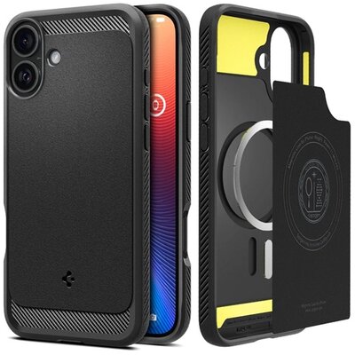 SPIGEN ACS08087 SPIGEN RUGGED ARMOR szilikon telefonvédő (ütésállóság, légpárnás sarok, karbon minta, MagSafe) FEKETE [Apple iPhone 16 Plus 5G]