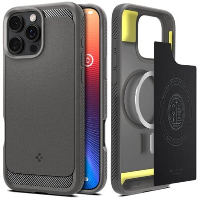 SPIGEN ACS07987 SPIGEN RUGGED ARMOR szilikon telefonvédő (ütésállóság, légpárnás sarok, karbon minta, MagSafe) VILÁGOSSZÜRKE [Apple iPhone 16 Pro Max 5G]