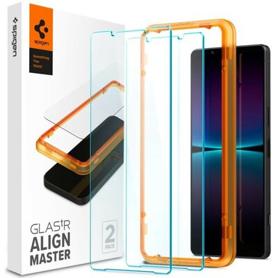 Sony Xperia 1 VI, Kijelzővédő fólia, ütésálló fólia (az íves részre is!), Tempered Glass (edzett üveg), Full Cover, Spigen Glastr Alignmaster, Clear - 2 db /csomag