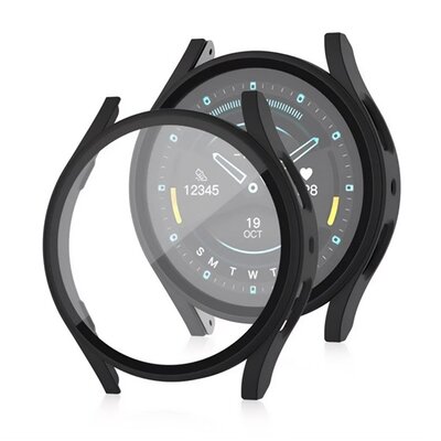 Műanyag keret (BUMPER, ütésállóság + kijelzővédő üveg) FEKETE [Samsung Galaxy Watch 7 eSIM 40mm (SM-L305) / Galaxy Watch 7 40mm (SM-L300)]