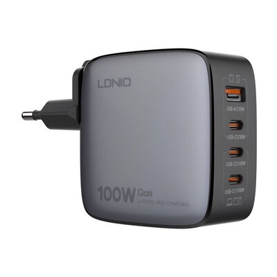 LDNIO Q408_B LDNIO Q408 hálózati töltő USB+3 Type-C aljzat (100W, GaN, PD gyorstöltő) FEKETE