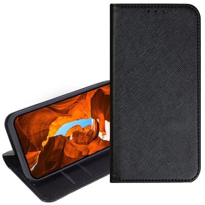 Tok álló, bőr hatású (FLIP, oldalra nyíló, asztali tartó, kártyazseb, textil hatás) FEKETE [T Phone 2 5G]