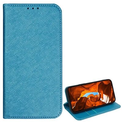 Tok álló, bőr hatású (FLIP, oldalra nyíló, asztali tartó, kártyazseb, textil hatás) VILÁGOSKÉK [T Phone 2 5G]