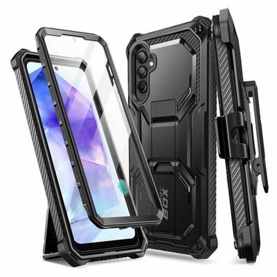 SUPCASE ARMORBOX defender műanyag telefonvédő (erős ütésállóság, légpárnás sarok, övre csíptethető) FEKETE [Samsung Galaxy A55 5G (SM-A556)]