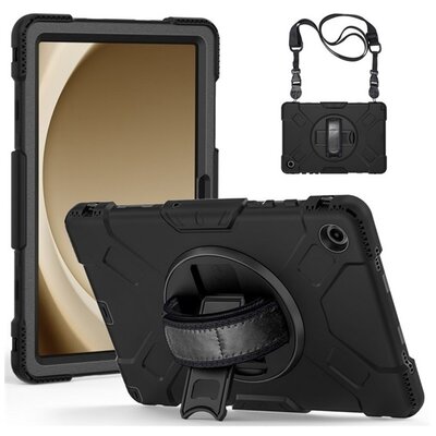 Defender műanyag telefonvédő (ütésállóság, kitámasztó, 360° + kézpánt, vállpánt) FEKETE [Samsung Galaxy Tab A9 Plus 5G (SM-X216) / Galaxy Tab A9 Plus WIFI (SM-X210)]