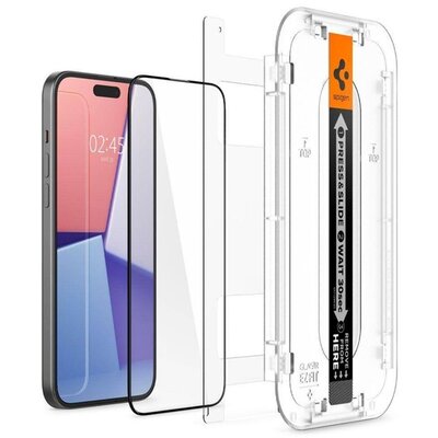 SPIGEN AGL06908 SPIGEN EZ FIT HD képernyővédő üveg (2.5D, tokbarát, ultravékony, 0.2mm, 9H + segédkeret) FEKETE [Apple iPhone 15]