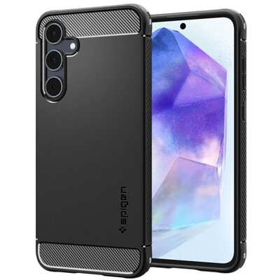 SPIGEN ACS07500 SPIGEN RUGGED ARMOR szilikon telefonvédő (ütésállóság, légpárnás sarok, karbon minta) FEKETE [Samsung Galaxy A55 5G (SM-A556)]