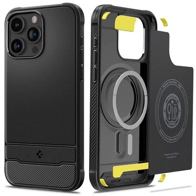 SPIGEN ACS06561 SPIGEN RUGGED ARMOR szilikon telefonvédő (ütésállóság, légpárnás sarok, karbon minta, MagSafe) FEKETE [Apple iPhone 15 Pro Max]