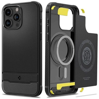 SPIGEN ACS06703 SPIGEN RUGGED ARMOR szilikon telefonvédő (ütésállóság, légpárnás sarok, karbon minta, MagSafe) FEKETE [Apple iPhone 15 Pro]