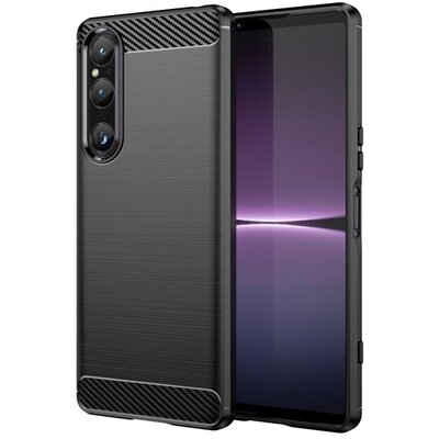 Szilikon telefonvédő (ütésállóság, légpárnás sarok, szálcsiszolt, karbon minta) FEKETE [Sony Xperia 1 V (XQ-DQ72)]