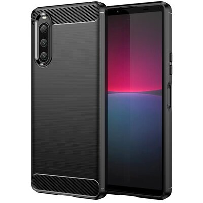 Szilikon telefonvédő (ütésállóság, légpárnás sarok, szálcsiszolt, karbon minta) FEKETE [Sony Xperia 10 V (XQ-DC54)]