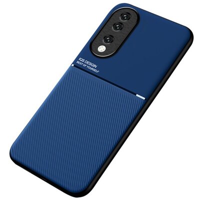 Szilikon telefonvédő (ütésállóság, mágneses, bőr hatású hátlap, csíkos) SÖTÉTKÉK [Honor 90 5G]