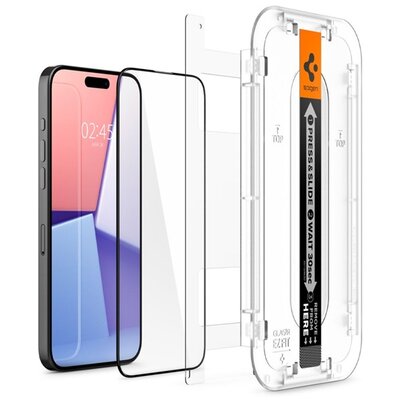 SPIGEN AGL06879 SPIGEN EZ FIT HD képernyővédő üveg (2.5D, tokbarát, ultravékony, 0.2mm, 9H + segédkeret) FEKETE [Apple iPhone 15 Pro Max]