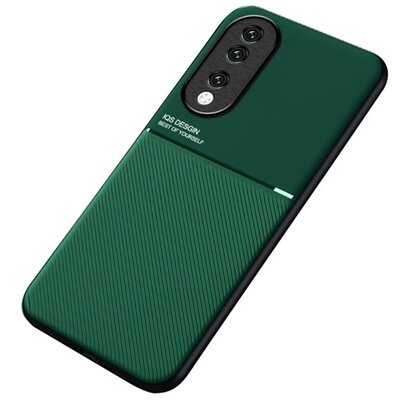 Szilikon telefonvédő (ütésállóság, mágneses, bőr hatású hátlap, csíkos) SÖTÉTZÖLD [Honor 90 5G]