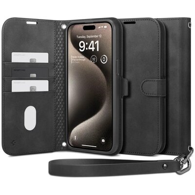 SPIGEN ACS06605 SPIGEN WALLET S PRO tok álló, bőr hatású (FLIP, oldalra nyíló, textil minta) FEKETE [Apple iPhone 15 Pro Max]