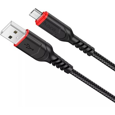 USB töltő- és adatkábel, microUSB, 100 cm, 2400 mA, törésgátlóval, gyorstöltés, QC, cipőfűző minta, Hoco X59 Victory, fekete