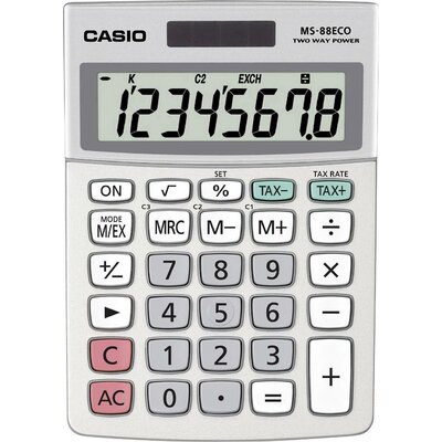 Casio MS-88ECO Asztali számítógép Ezüst Kijelző (számjegy): 8 Napenergiával üzemeltetett, Elemekről üzemeltetett (H x Sz x Ma) 145 x 103 x 31 mm