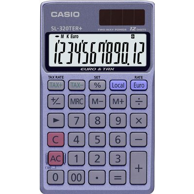 Casio SL-320TER+ Zsebszámológép Kék Kijelző (számjegy): 12 Napenergiával üzemeltetett, Elemekről üzemeltetett (H x Sz x Ma) 118.5 x 70 x 118.5 mm