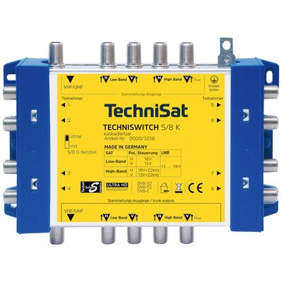 TechniSat Techniswitch 5/8 K, Kaskade SAT multikapcsoló kaszkád Bemenetek (multikapcsoló): 5 (4 SAT/1 terresztikus) Résztvevők száma: 8