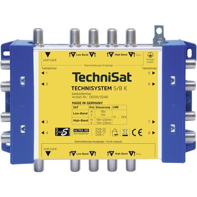 TechniSat Technisystem 5/8 K, Kaskade SAT multikapcsoló kaszkád Bemenetek (multikapcsoló): 5 (4 SAT/1 terresztikus) Résztvevők száma: 8