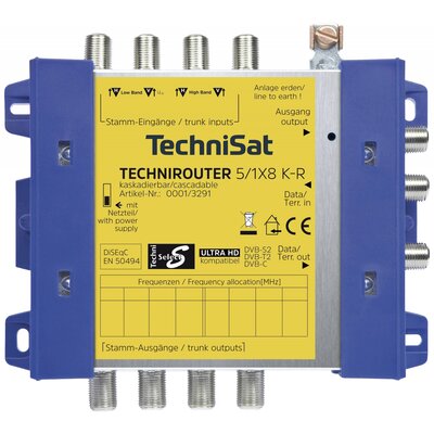 TechniSat Technirouter 5/1x8 K-R Sat multikapcsoló Bemenetek (multikapcsoló): 5 (4 SAT/1 terresztikus) Résztvevők száma: 8