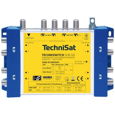 TechniSat Techniswitch 5/8 G2, DC-NT Sat multikapcsoló Bemenetek (multikapcsoló): 5 (4 SAT/1 terresztikus) Résztvevők száma: 8