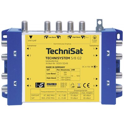 TechniSat Technisystem 5/8 G2, DC-NT Sat multikapcsoló Bemenetek (multikapcsoló): 5 (4 SAT/1 terresztikus) Résztvevők száma: 8