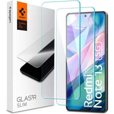 Xiaomi Redmi Note 13 5G / Note 13 Pro 4G / Poco M6 Pro 4G, Kijelzővédő fólia, (az íves részre NEM hajlik rá!), Tempered Glass (edzett üveg), Spigen Glastr Slim, Clear, 2 db / csomag